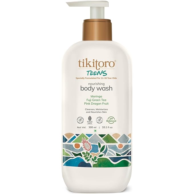 Tikitoro Nourishing Body Wash for Teens, 100% Vegan with Moringa, Fuji Green Tea, Pink Dragon Fruit Extract Cleanses, Moisturizes & Nourishes Skin with No Parabens & Sulphates, Age: 11+ Years (300 ml)